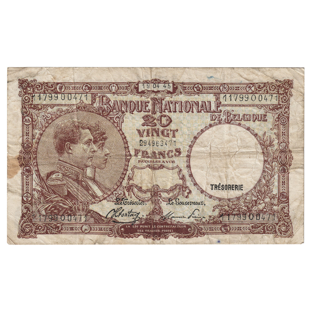 Belgium 1945 20 Francs Note, Pick #111, VF (Damaged)