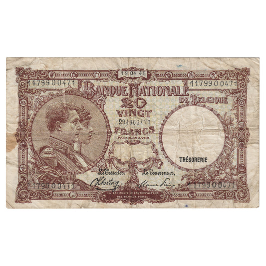 Belgium 1945 20 Francs Note, Pick #111, VF (Damaged)