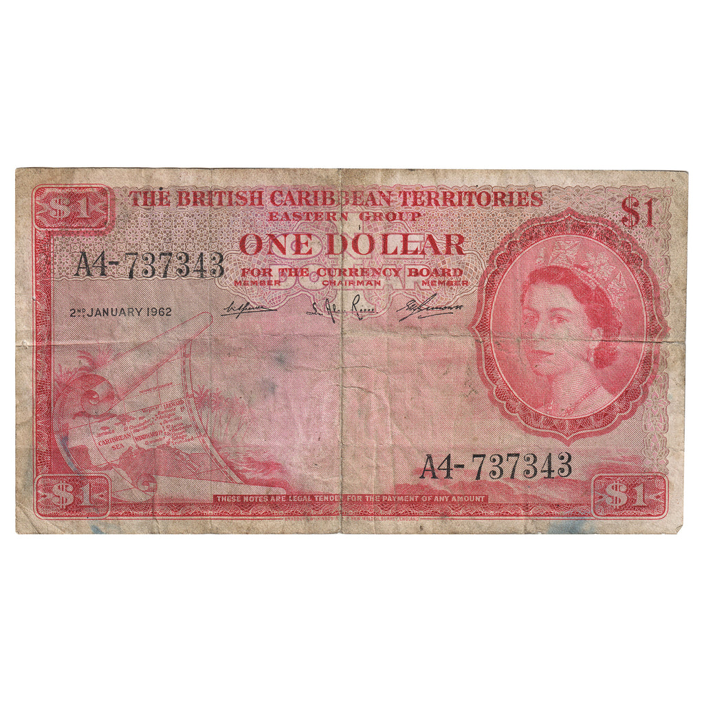 British Caribbean Territories 1962 1 Dollar Note Pick #7c, F (Damaged)