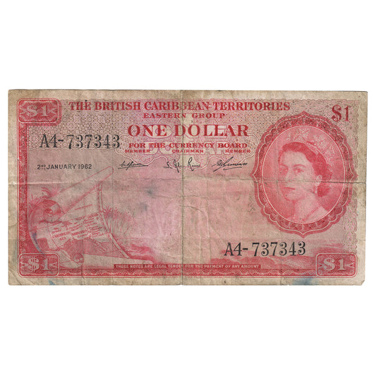 British Caribbean Territories 1962 1 Dollar Note Pick #7c, F (Damaged)