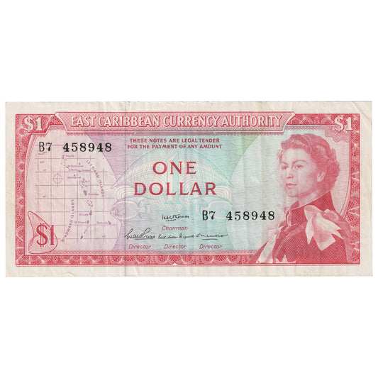 East Caribbean States 1965 $1 Dollar Note, Pick #13a Sig 2, VF (Holes)