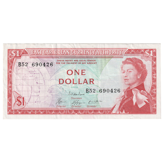 East Caribbean States 1965 $1 Dollar Note, Pick #13e Sig 8, EF (Holes)