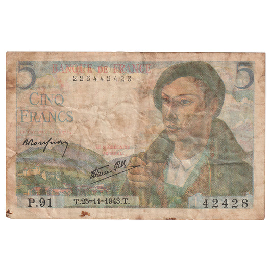 France 1943 5 Francs Note, Pick #98a, EF (Stains)