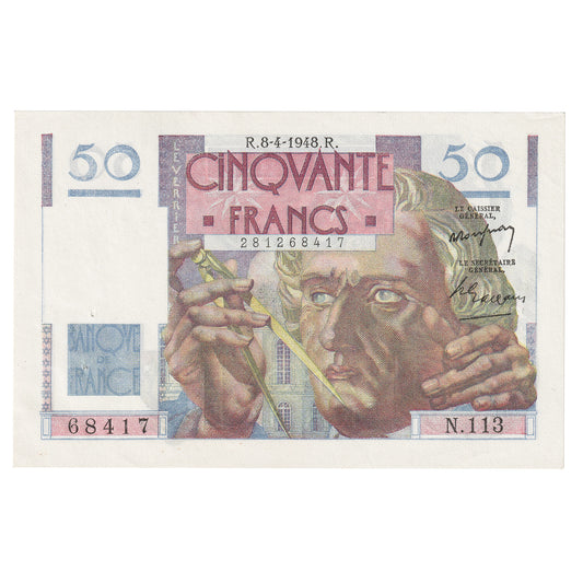 France 1948 50 Francs Note, Pick #127b, AU-UNC (Holes)