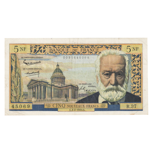 France 1960 5 Nouveaux Francs Note, Pick #141a, VF (Holes)