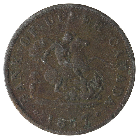 PC-50 1857 Province of Canada, Bank of Upper Canada Half Penny Token Very Good Scratched, Cleaned, Impaired