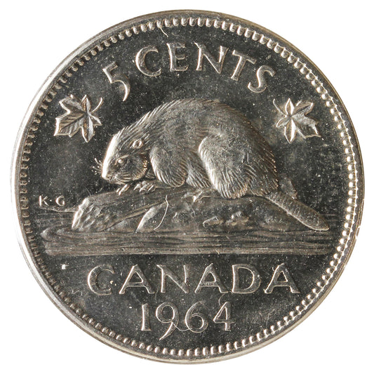 1964 Extra Water Line Canada 5-cents Uncirculated (MS-62) Scratched
