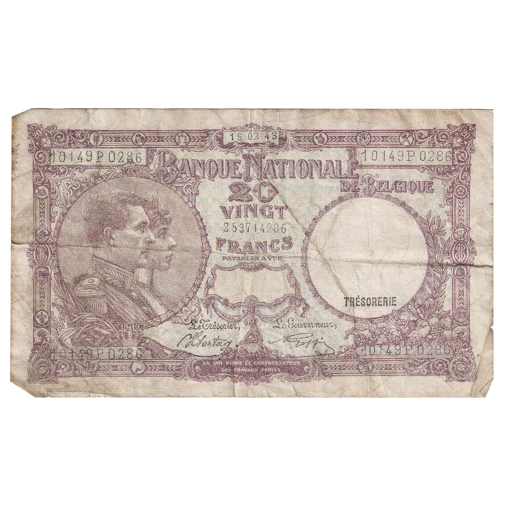Belgium 1943 20 Francs, Pick #111, VF (Dam'g)