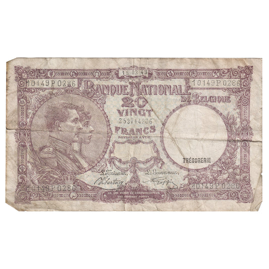 Belgium 1943 20 Francs, Pick #111, VF (Dam'g)