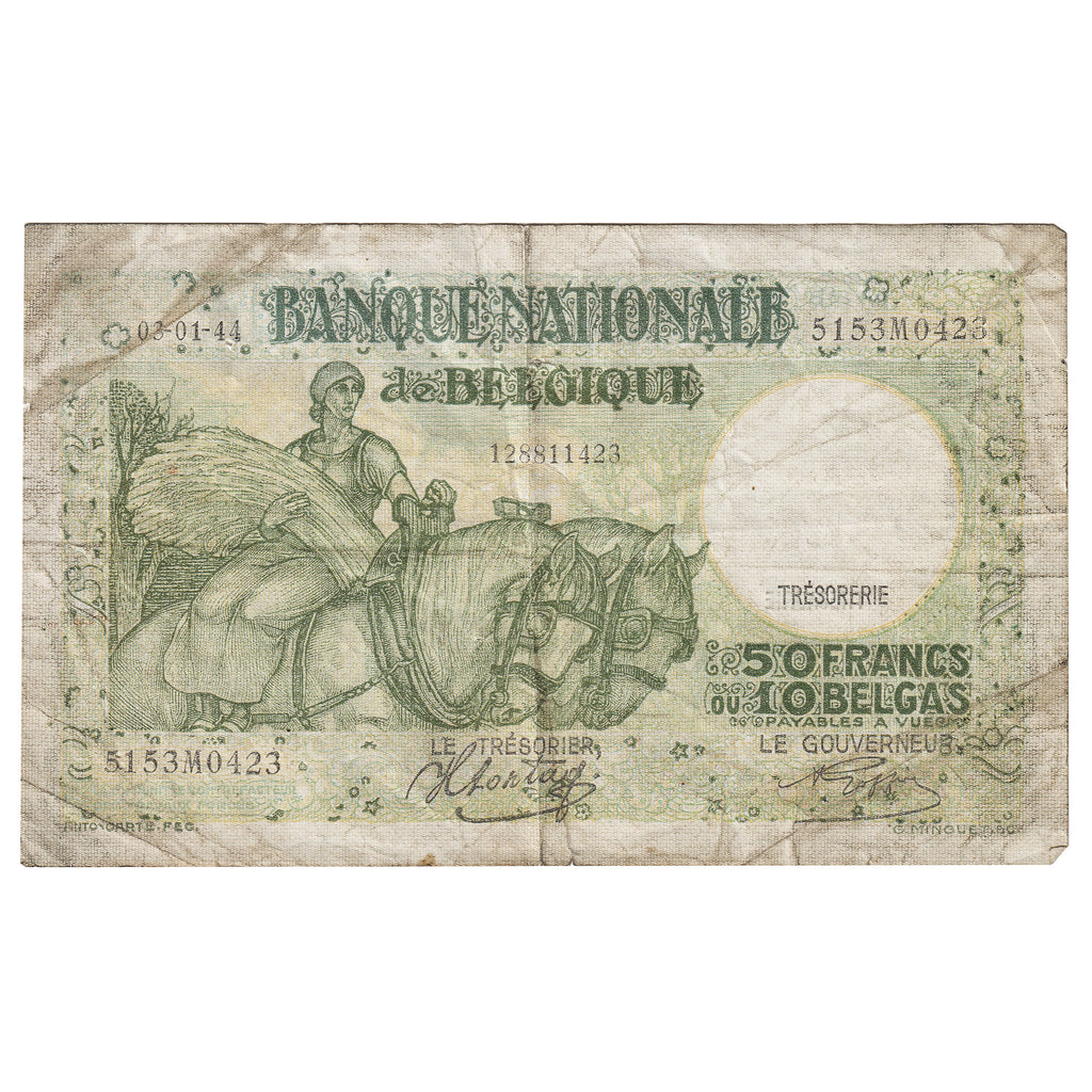 Belgium 1944 50 Francs on 10 Belgas, Pick #106, EF (Holes)