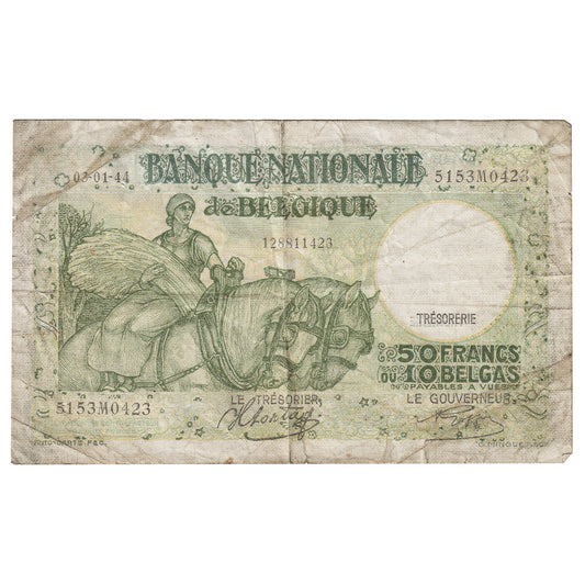 Belgium 1944 50 Francs on 10 Belgas, Pick #106, EF (Holes)