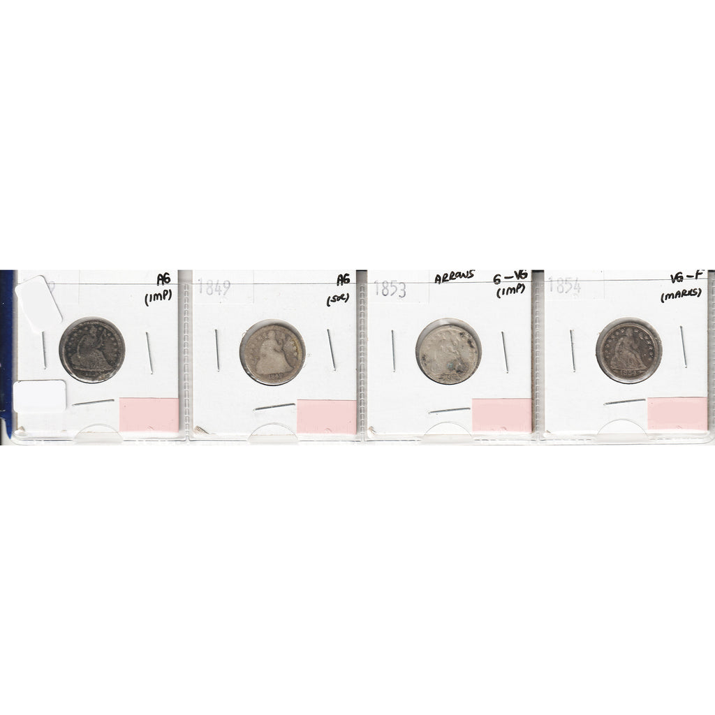 Lot of 4x 1839-1854 USA Dime, AG to VG-F, 4Pcs. (Impaired)