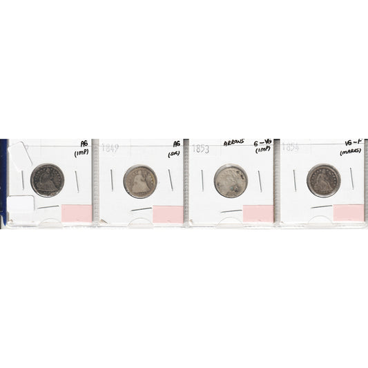 Lot of 4x 1839-1854 USA Dime, AG to VG-F, 4Pcs. (Impaired)