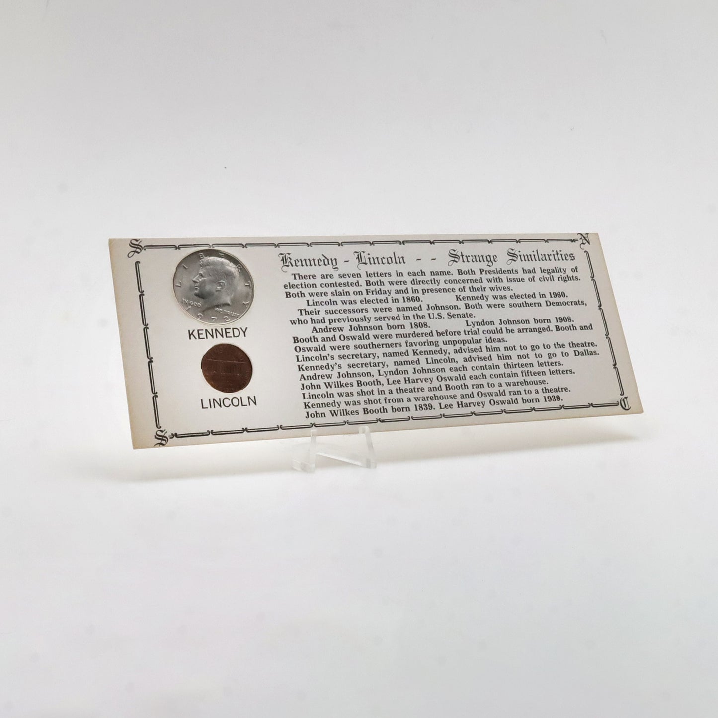 Kennedy and Lincoln Coin Set with Historical Comparisson Display - Strange Presidential Similarities