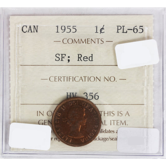 1955 SF Canada 1-cent ICCS Certified PL65 Red