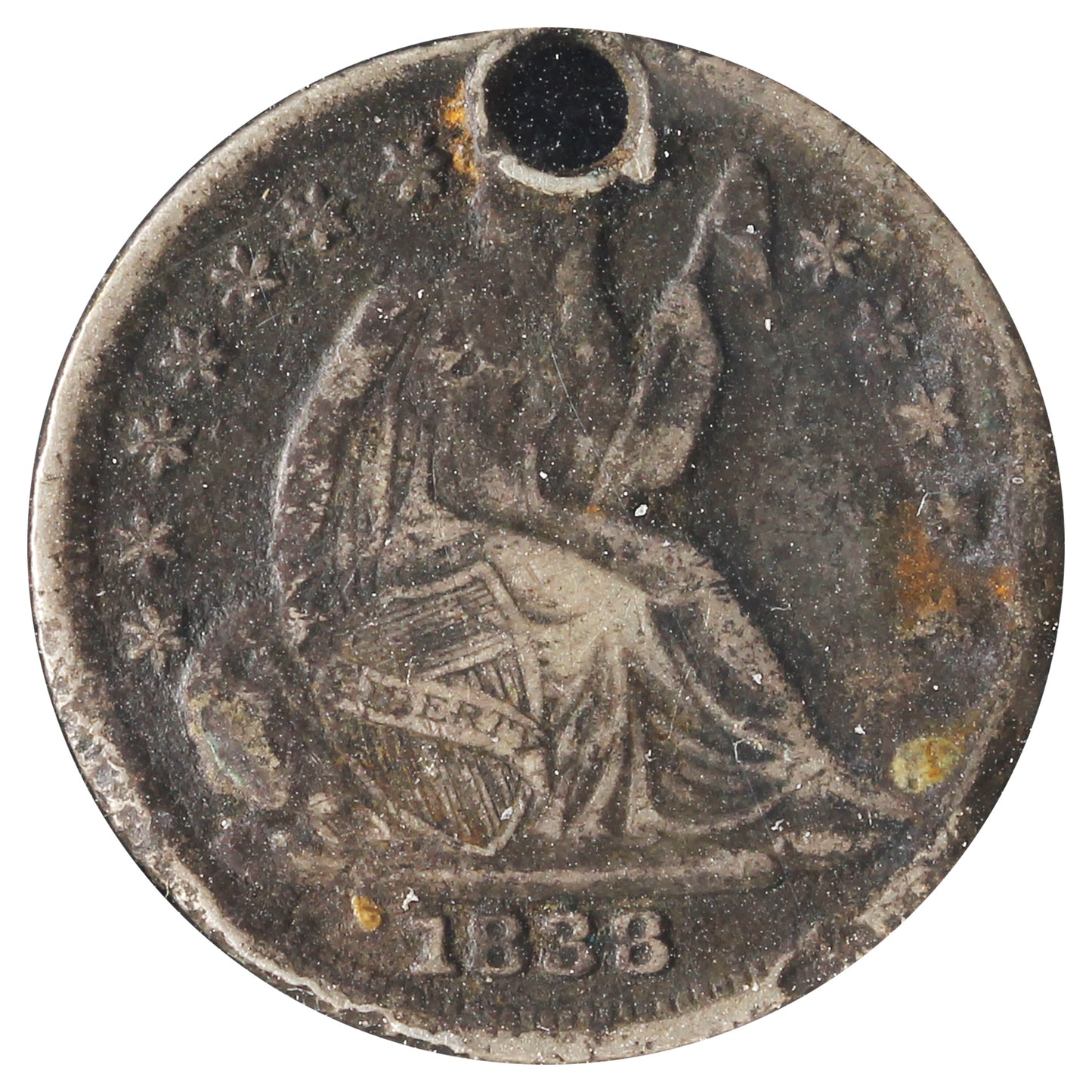 1838 No Drapery Small Stars USA Half Dime F-VF (F15) Hole