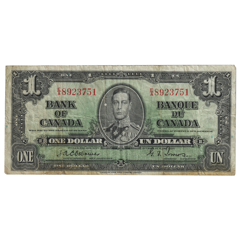 BC-21a 1937 Canada $1 Osborne-Towers, E/A, VF (Dam'g)