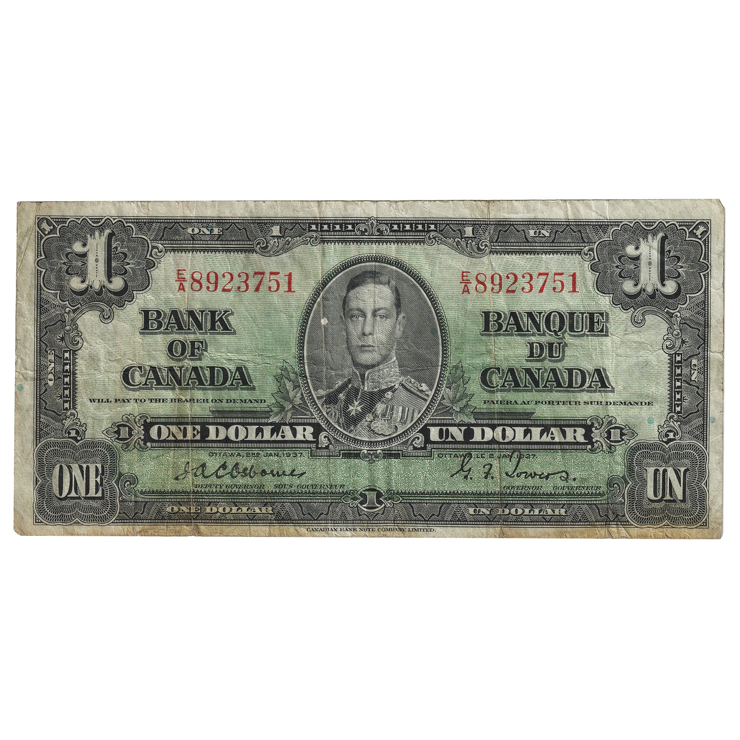BC-21a 1937 Canada $1 Osborne-Towers, E/A, VF (Dam'g)