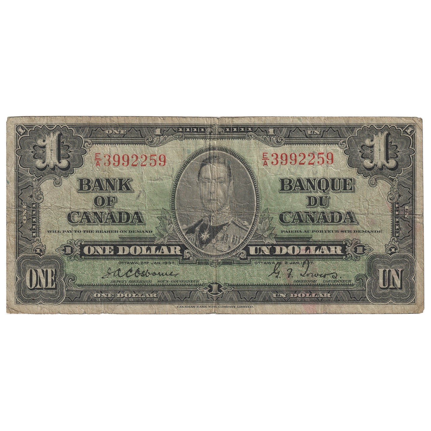 BC-21a 1937 Canada $1 Osbourne-Towers, E/A, F12