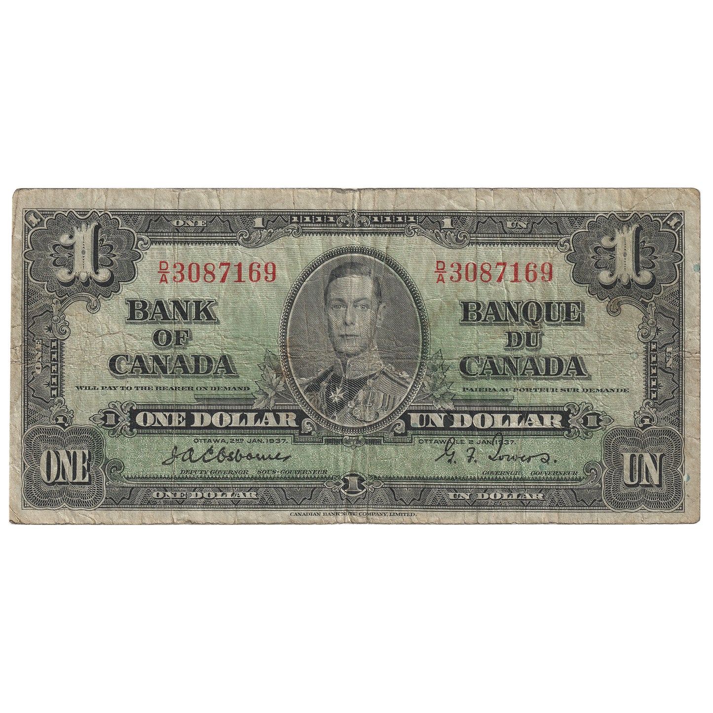 BC-21a 1937 Canada $1 Osbourne-Towers, D/A, F12