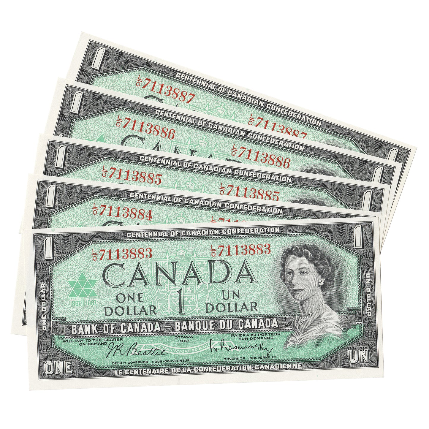 5x Sequential 1967 Canada $1 Beattie-Rasminsky, L/O, 5Pcs.