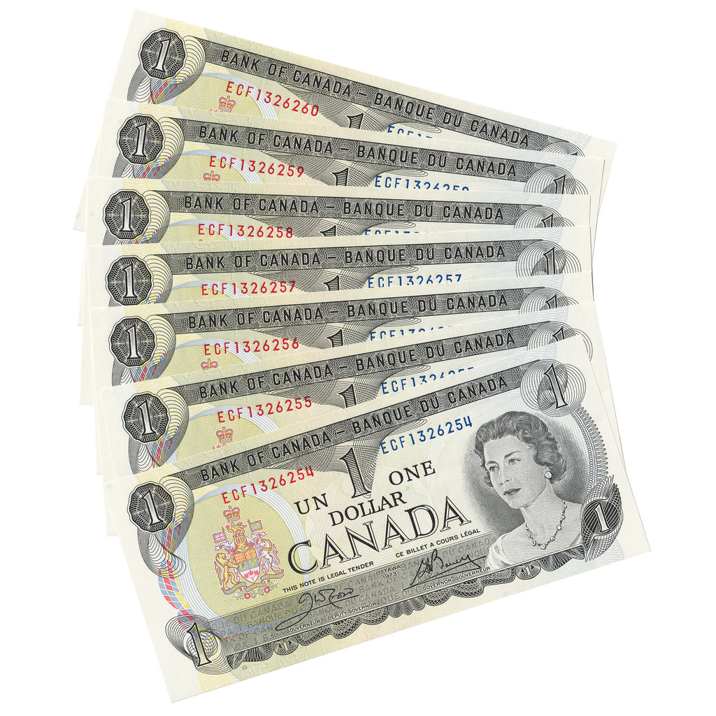 7x Sequential 1973 Canada $1 Crow-Bouey, 3 Letter Prefix, 7Pcs.