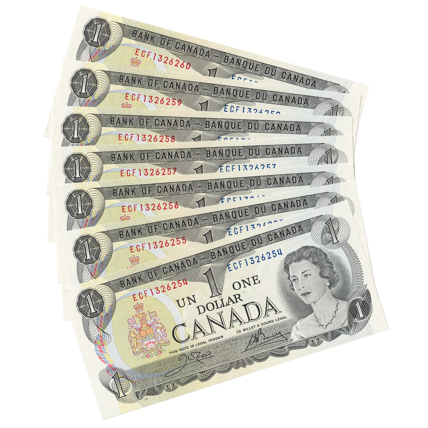 7x Sequential 1973 Canada $1 Crow-Bouey, 3 Letter Prefix, 7Pcs.
