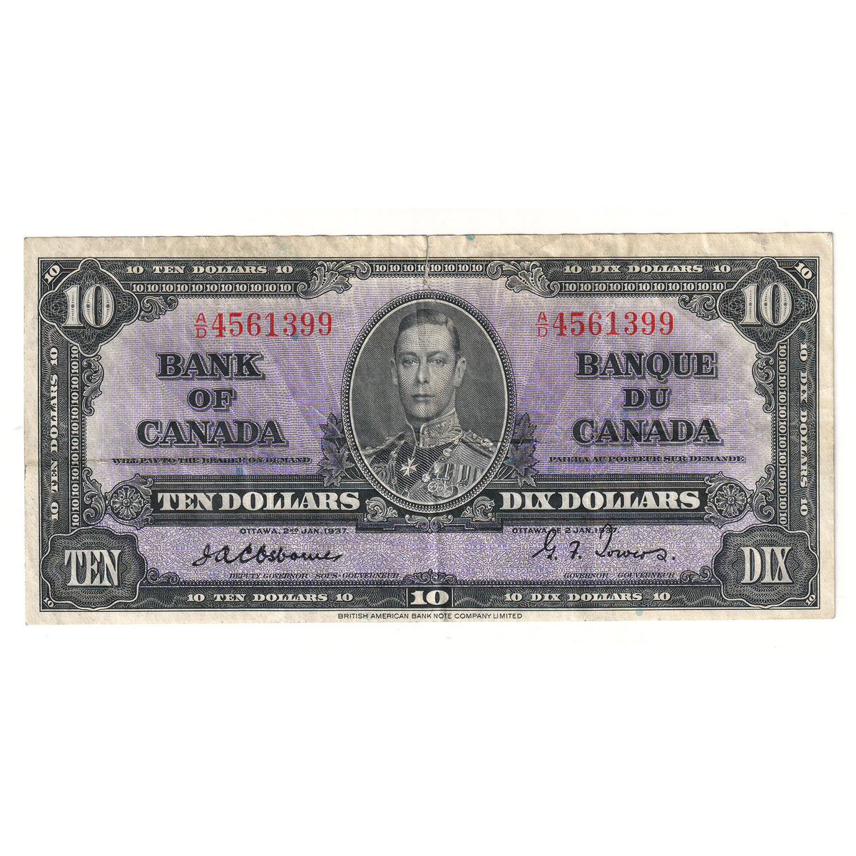 BC-24a 1937 Canada $10 Osborne-Towers, A/D (Tear)