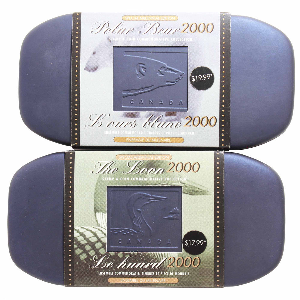 Pair of 2000 Canada Polar Bear & The Loon Coin and Stamp Sets (Impaired)