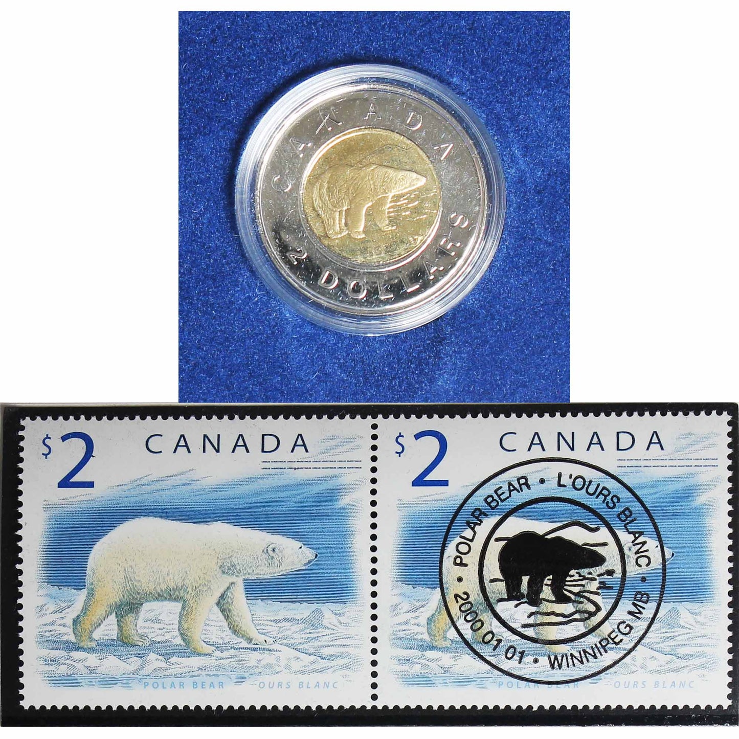 Pair of 2000 Canada Polar Bear & The Loon Coin and Stamp Sets (Impaired)