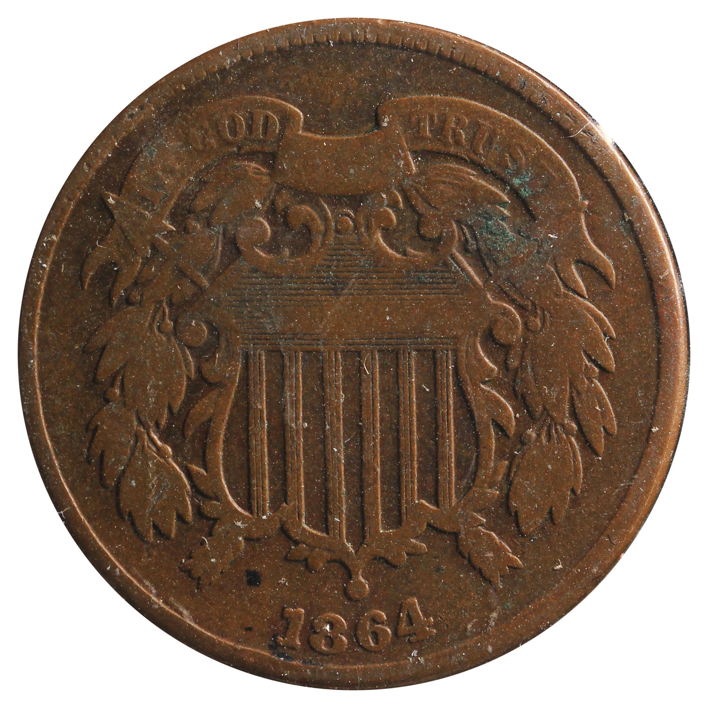 1864 Large Motto USA 2 Cents VG-F (VG-10) Scratched, Cleaned or Impaired