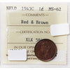 1943C Newfoundland 1-Cent ICCS Certified MS62 Red & Brown
