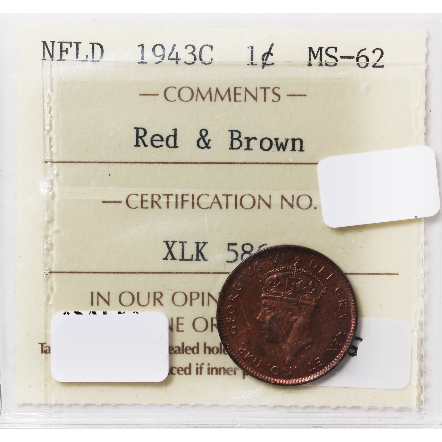 1943C Newfoundland 1-Cent ICCS Certified MS62 Red & Brown
