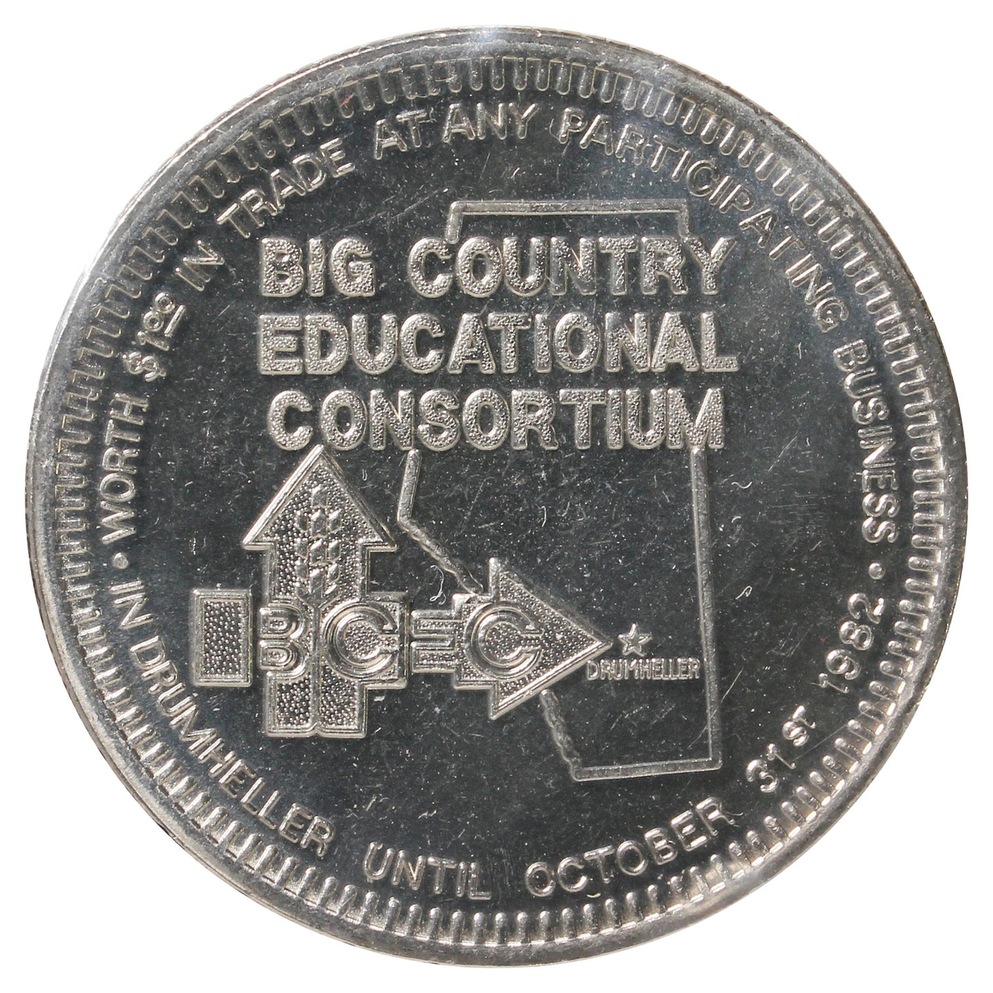 1982 Drumheller, AB, Dinosaur Dollar Trade Token: Big Country Educational Consortium