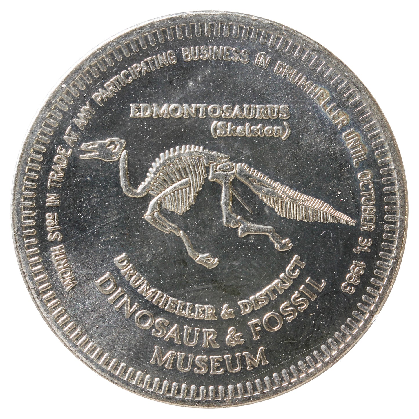 1983 Drumheller AB, Dinosaur Trade Dollar Token: Dinosaur & Fossil Museum