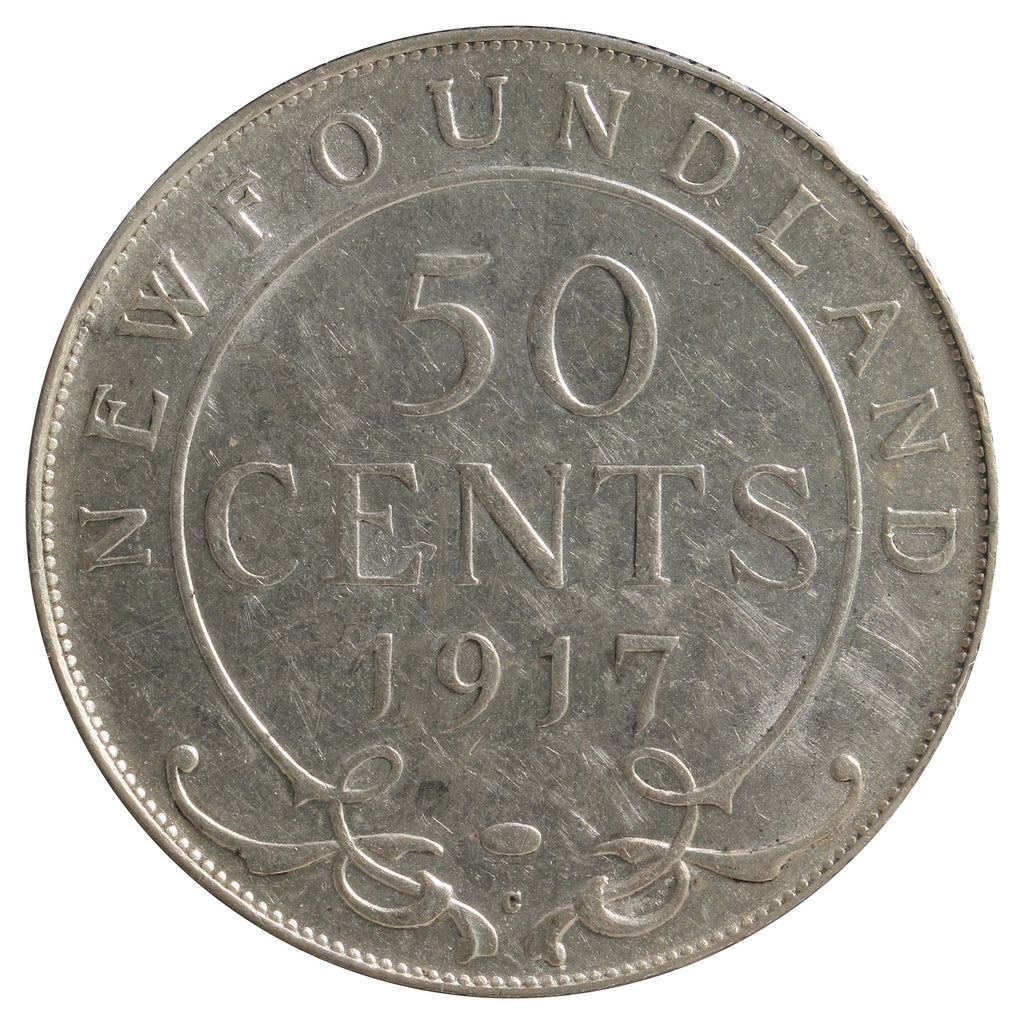 1917c Newfoundland 50-cents Extra Fine (EF-40) Scratched