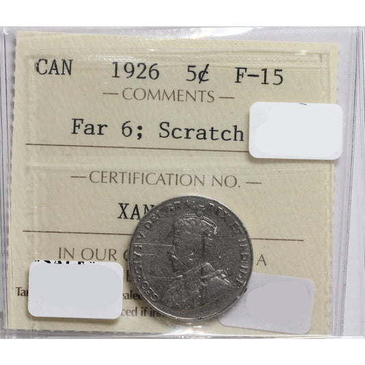 1926 Far 6 Canada 5-cents ICCS Certified F15 Scratch