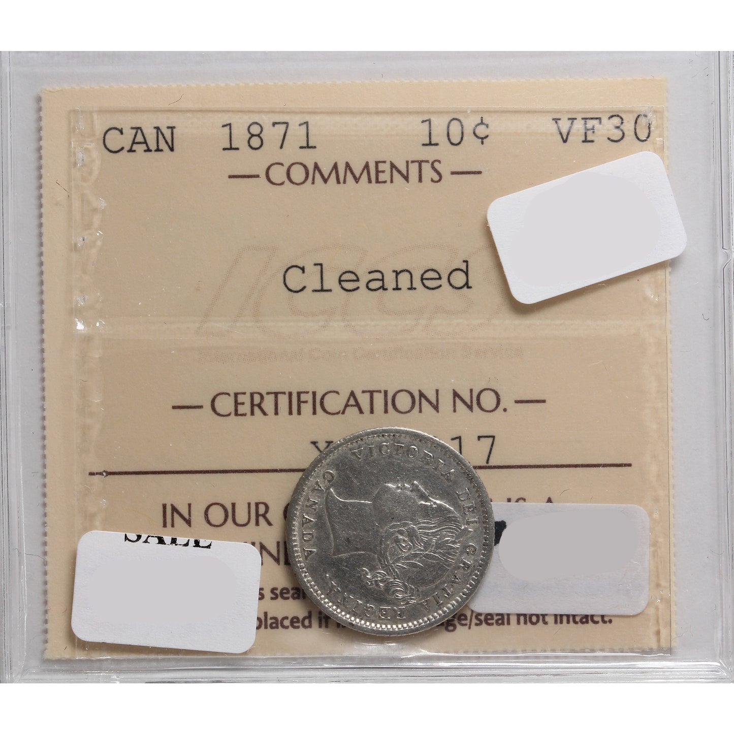 1871 Canada 10-cents ICCS Certified VF-30 Cleaned