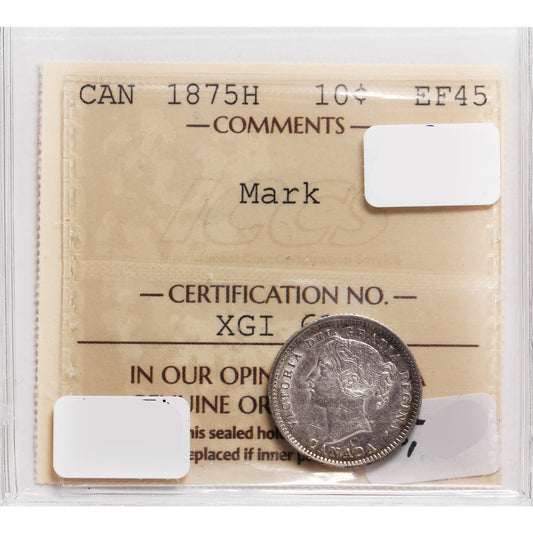 1875H Canada 10-cents ICCS Certified EF-45 Mark