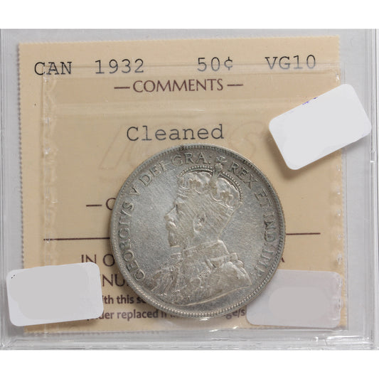 1932 Canada 50-cents ICCS Certified VG-10 Cleaned
