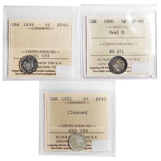 Lot of 3x 1899-1901 Canada 5-Cents ICCS Certified EF-40