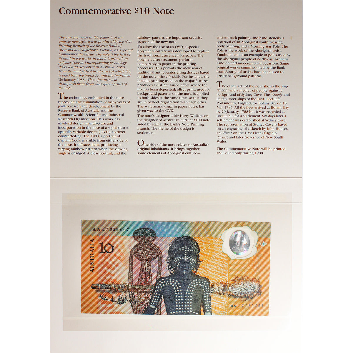 Australia 1988 Commemorative $10 Note World's First Polymer Banknote