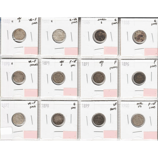 Lot of 12x 1880-1900 Canada 5-Cents, G to F-VF, 12Pcs. (Impaired)