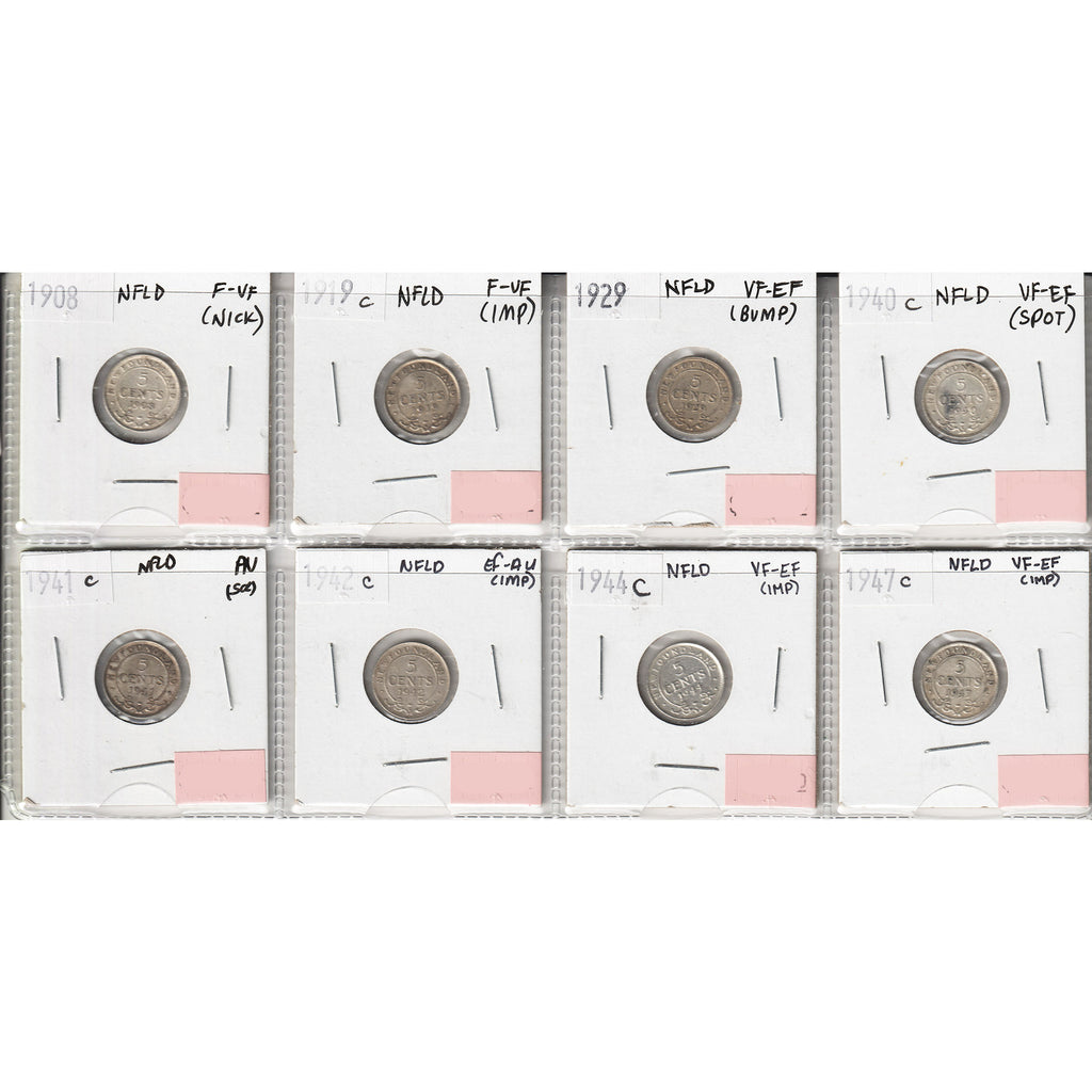 Lot of 8x 1908-1947 Newfoundland 5-Cents, VF-EF to EF-AU, 8Pcs. (Impaired)