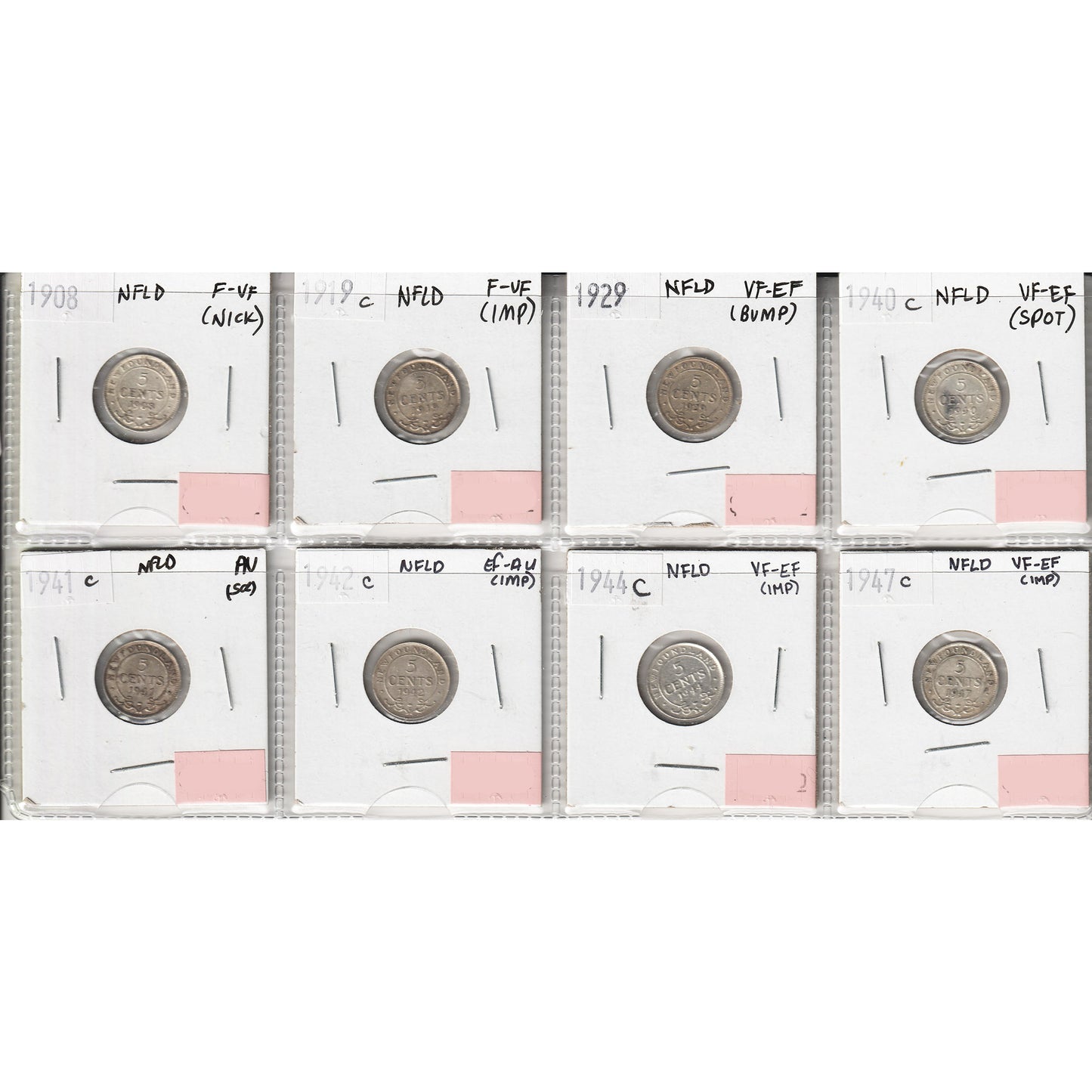 Lot of 8x 1908-1947 Newfoundland 5-Cents, VF-EF to EF-AU, 8Pcs. (Impaired)
