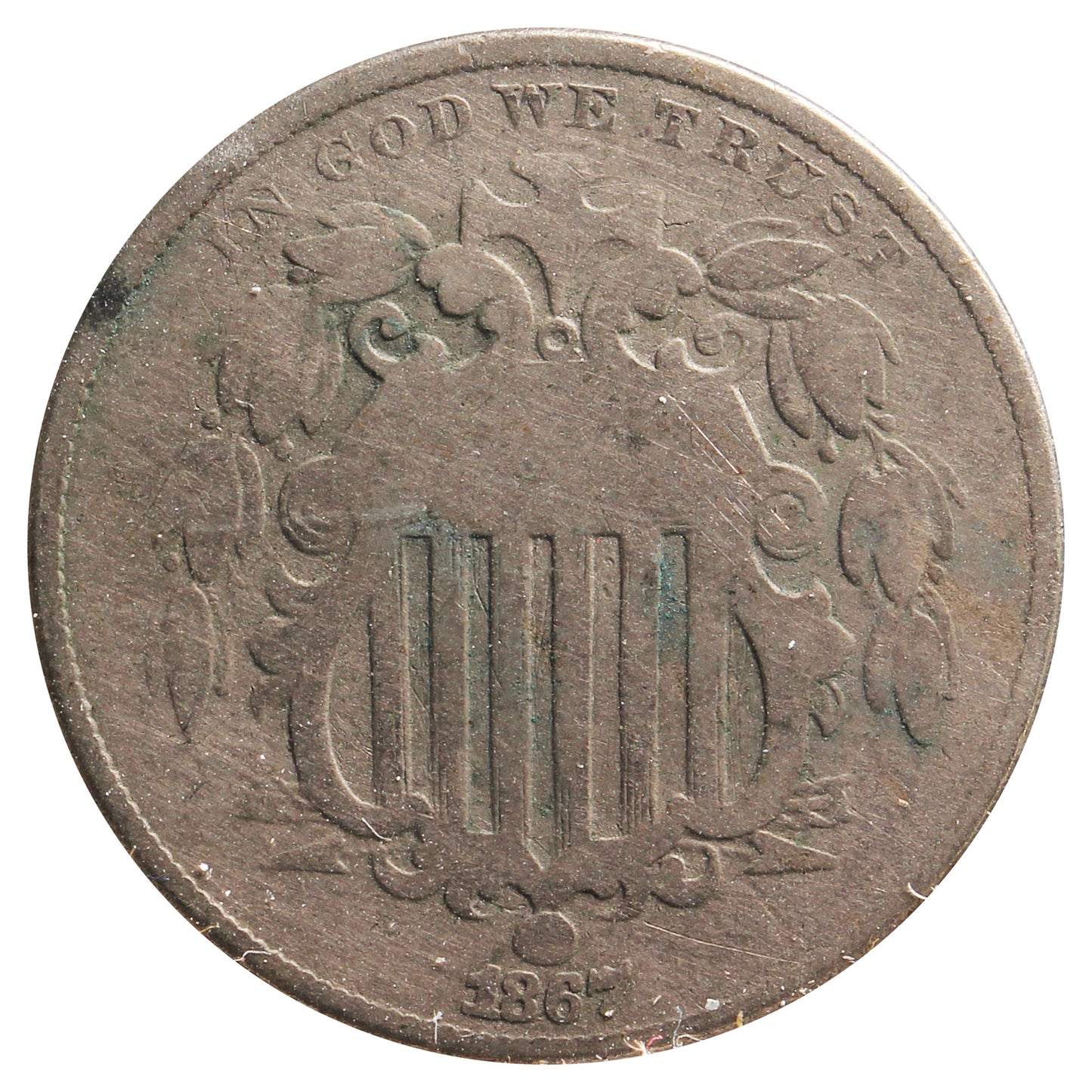 1867 No Rays USA Nickel Very Good (VG8) Scratched, Cleaned or Impaired