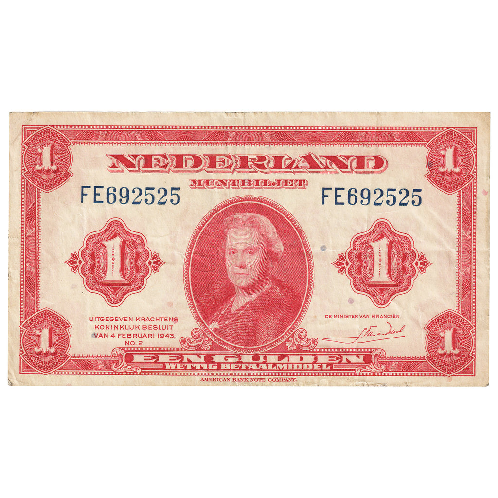 Netherlands 1943 1 Gulden Note, Pick #64a, VF-EF