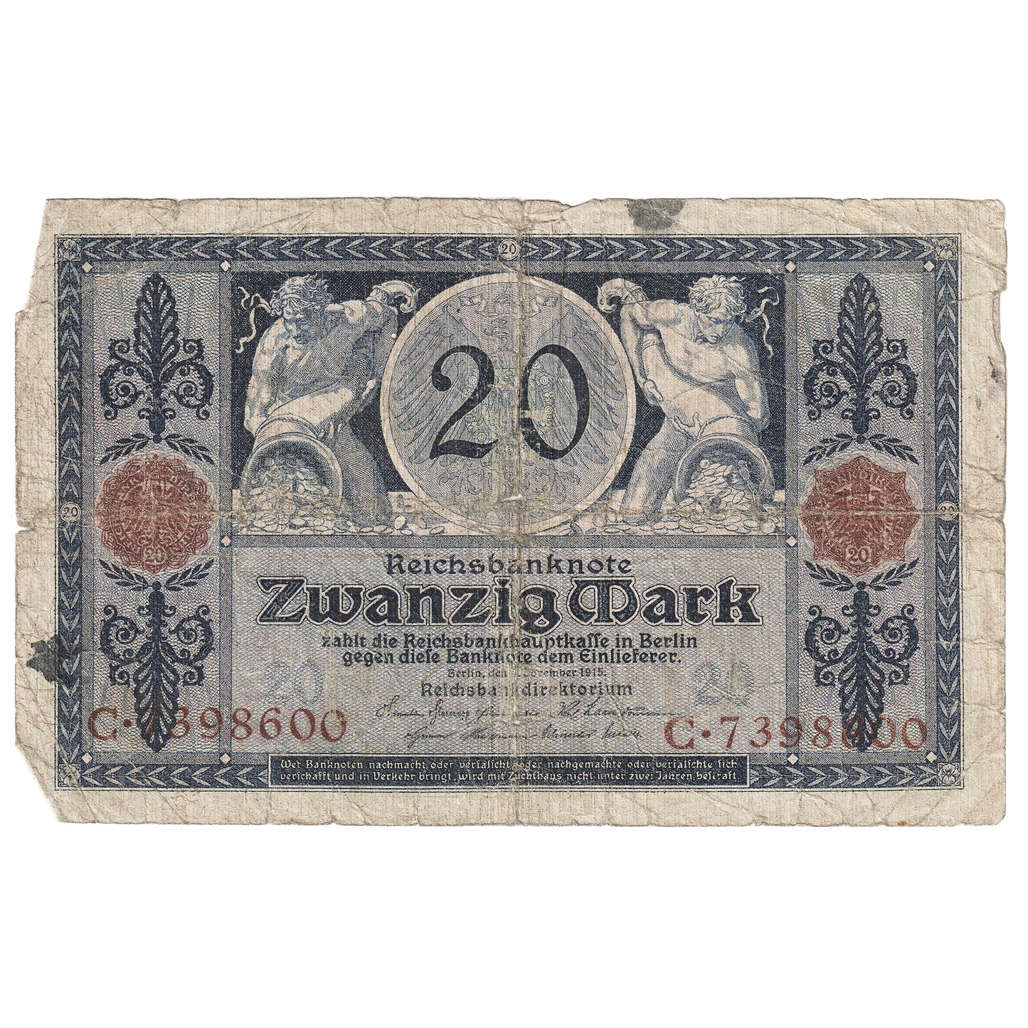 Germany 1915 20 Mark Note, Pick #63 Circ.