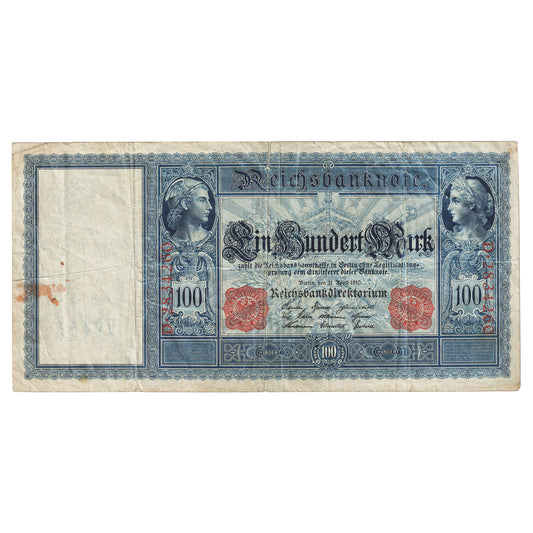 Germany 1910 100 Mark Note, Red Seal, Pick #42, VF (Impaired)