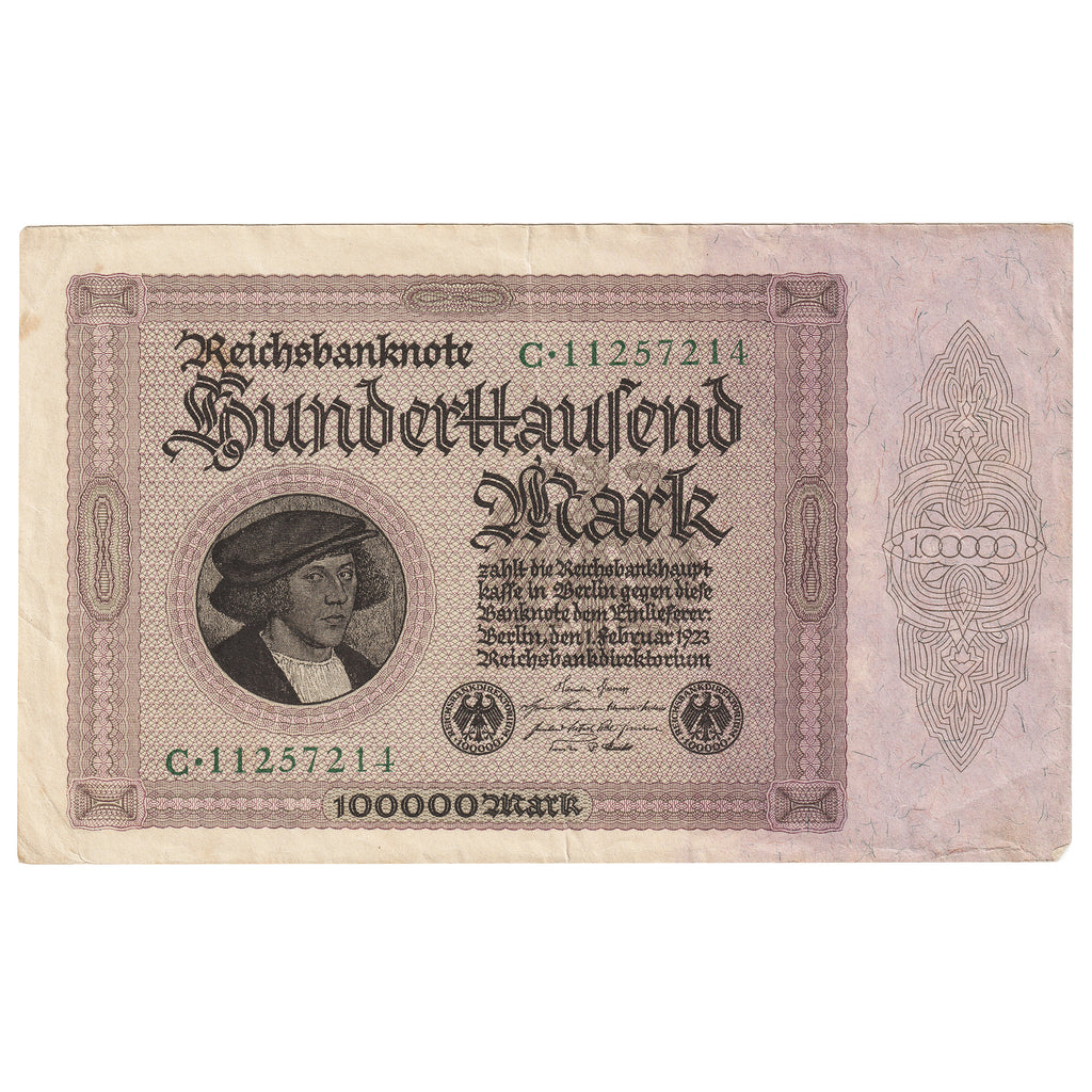 Germany 1923 100,000 Mark Note, Pick #83a, VF-EF (Holes, Tear)